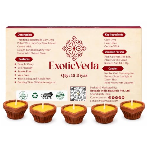 Handcrafted Poojan Clay Ghee Diya Set of 15 - Eco-Friendly Homemade Diya with Premium Cow Ghee Wick for Spiritual Rituals, and Religious Ceremonies, Meditation.