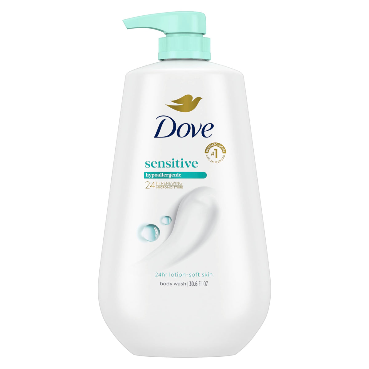 Dove Sensitive Skin Body Wash, 24hr Lotion-Soft Skin, 30.6 oz | Dove Sensitive Skin Body Wash soothes dry, sensitive skin with 24-hour hydration and a hypoallergenic formula.