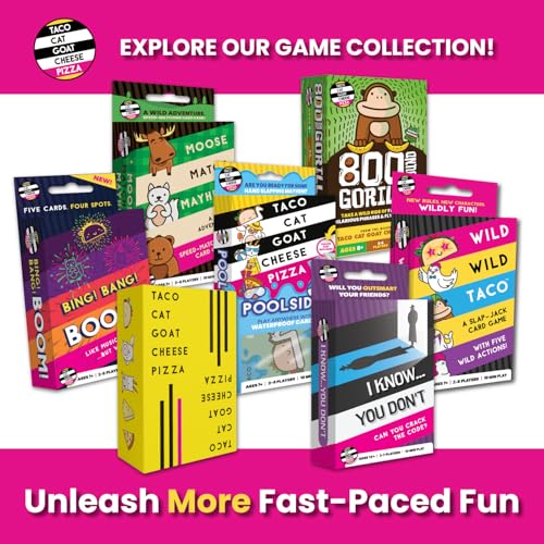 Taco Cat Goat Cheese Pizza Card Game by Taco Cat Games, Age 7+, 2-8 Players | 10 min rounds, Slap pile when word matches card, Action cards add twists, Builds reflexes, Fun for all ages