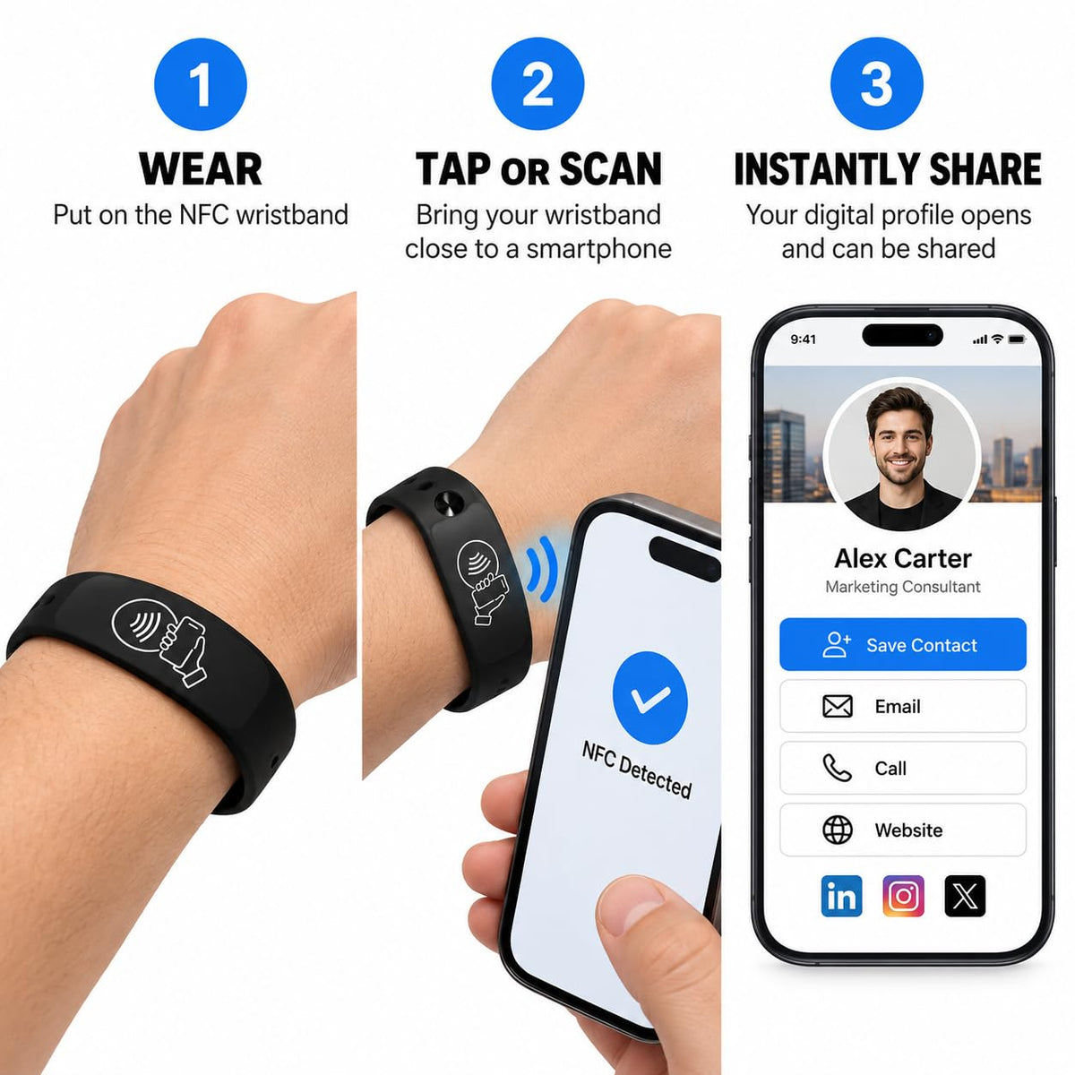 NFC Smart Business Card Wristband, Adjustable (Black) | QR Code, Waterproof Silicone, Tap to Share Contact Info, Works with iPhone and Android