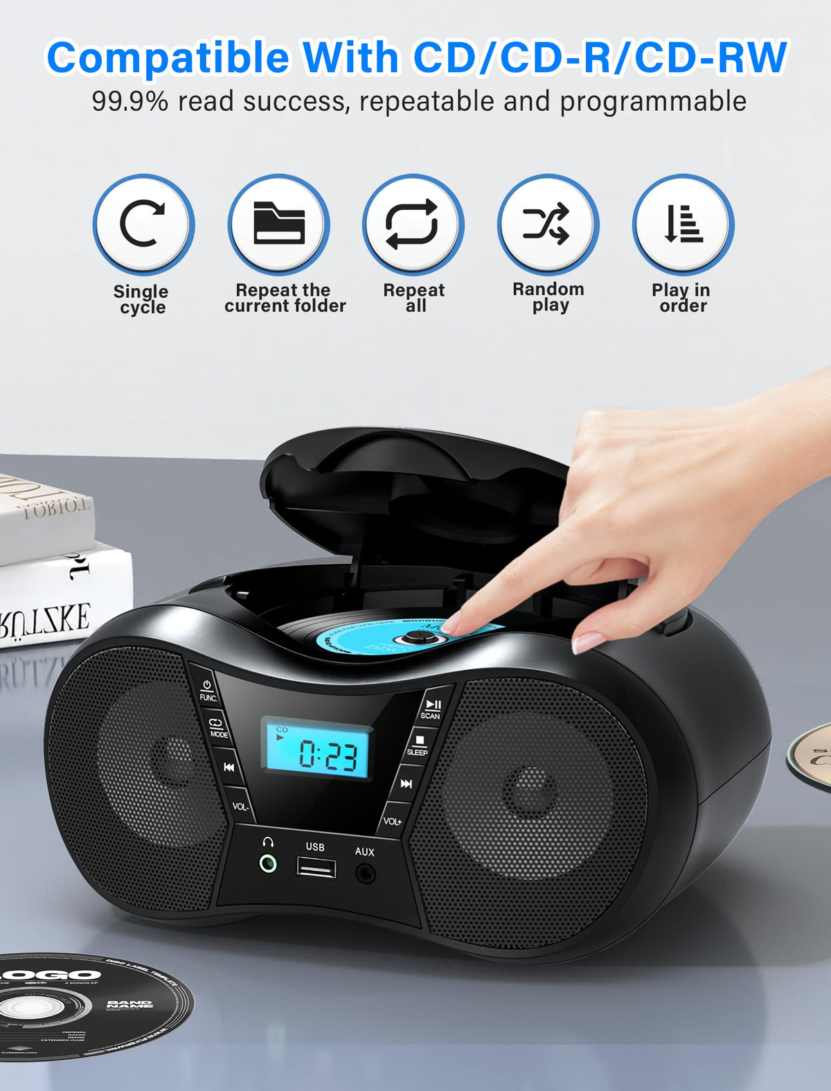 Greadio Portable Boombox CD Players for Home with Bluetooth, Stereo Sound | FM Radio CD Player, Simple Controls, CD/CD-R/RW, Compact, AC/Battery Power, USB & AUX Input Playback, Sleep Timer (Black