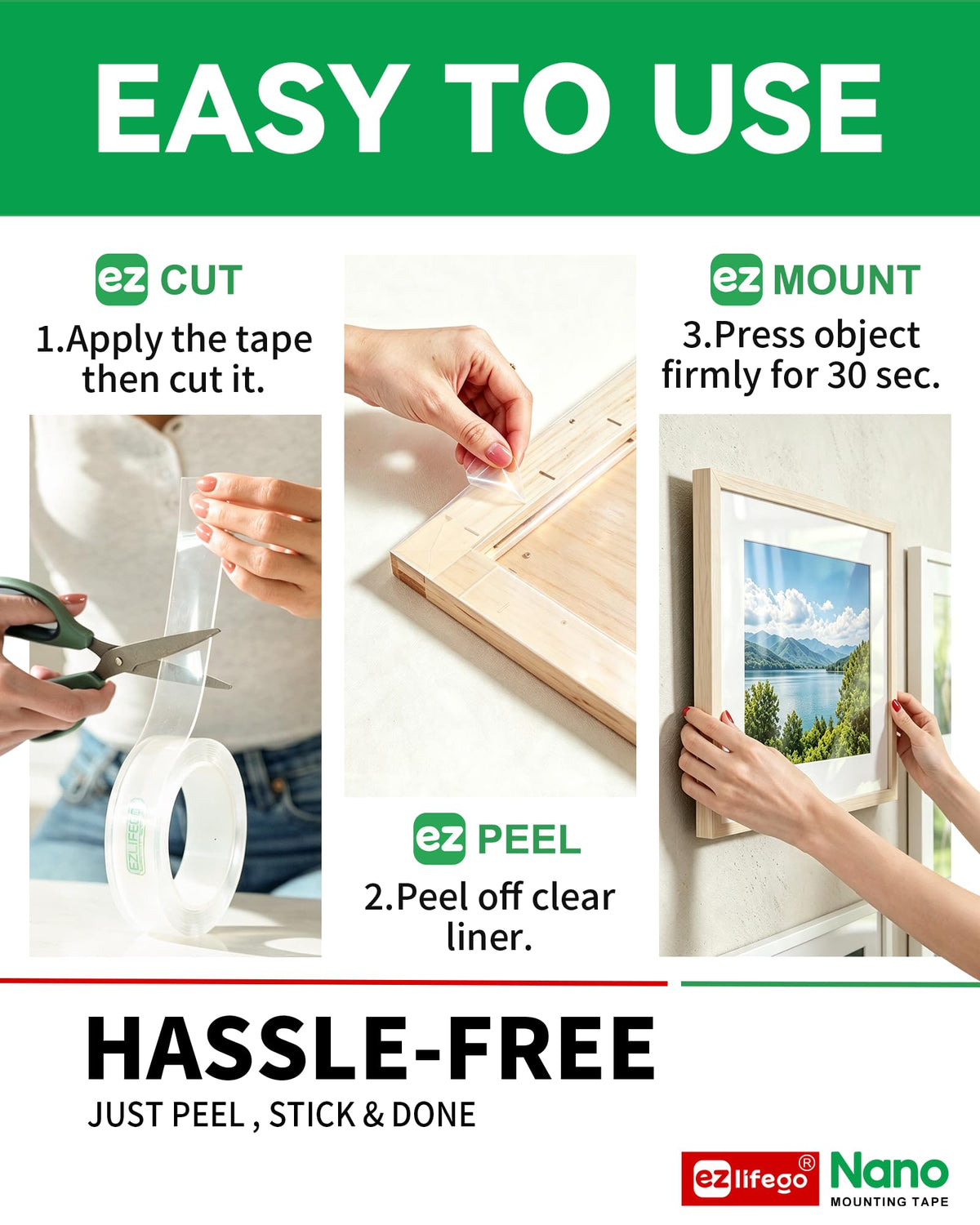 EZlifego Heavy Duty Invisible Bond Nano Double Sided Mounting Tape, 9.85FT | Nano-Tech, Holds up to 72 lbs, All-Purpose, Instant Hold, Industrial-Strength Adhesive, Indoor & Outdoor Decor,Back to School