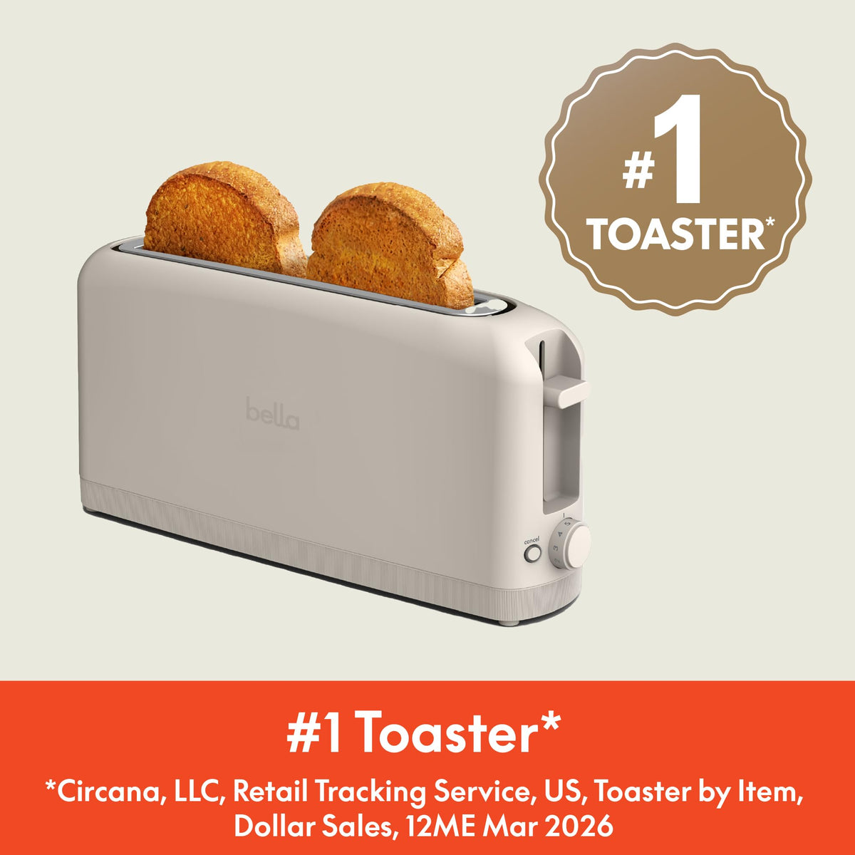 bella 2 Slice Slim Toaster, Fits-anywhere™ Kitchenware, 6 Setting Shade Control with Reheat & Cancel Buttons, Fits Sourdough, 10” Long Slot, Anti Jam & Auto Shutoff, 900 Watt, Oatmilk