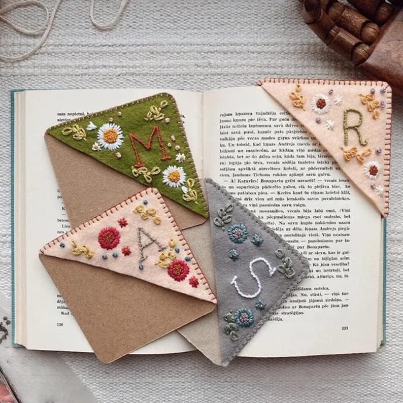 MOTEERLLU Personalized Hand Embroidered Corner Bookmark, Fall-J | A-Z Initial, Cute Book Markers for Reading Women, Book Lovers Gifts for Friends Mom & Teachers, 3.74"