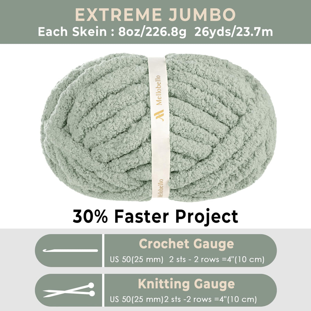 Mellobello Jumbo Chunky Yarn for Hand Knitting - Super Thick Chenille Chunky Yarn for Crocheting - Extra Soft Bulky Fluffy Blanket Big Yarn 8 Jumbo Pack (26yds,8 oz Each Skein) Sage Green