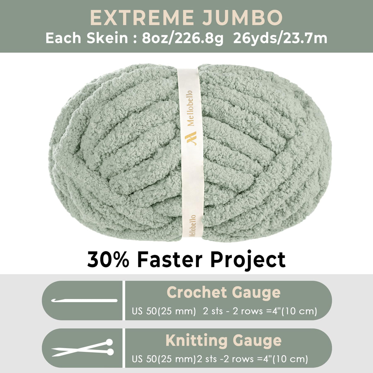 Mellobello Jumbo Chunky Yarn for Hand Knitting - Super Thick Chenille Chunky Yarn for Crocheting - Extra Soft Bulky Fluffy Blanket Big Yarn 8 Jumbo Pack (26yds,8 oz Each Skein) Sage Green