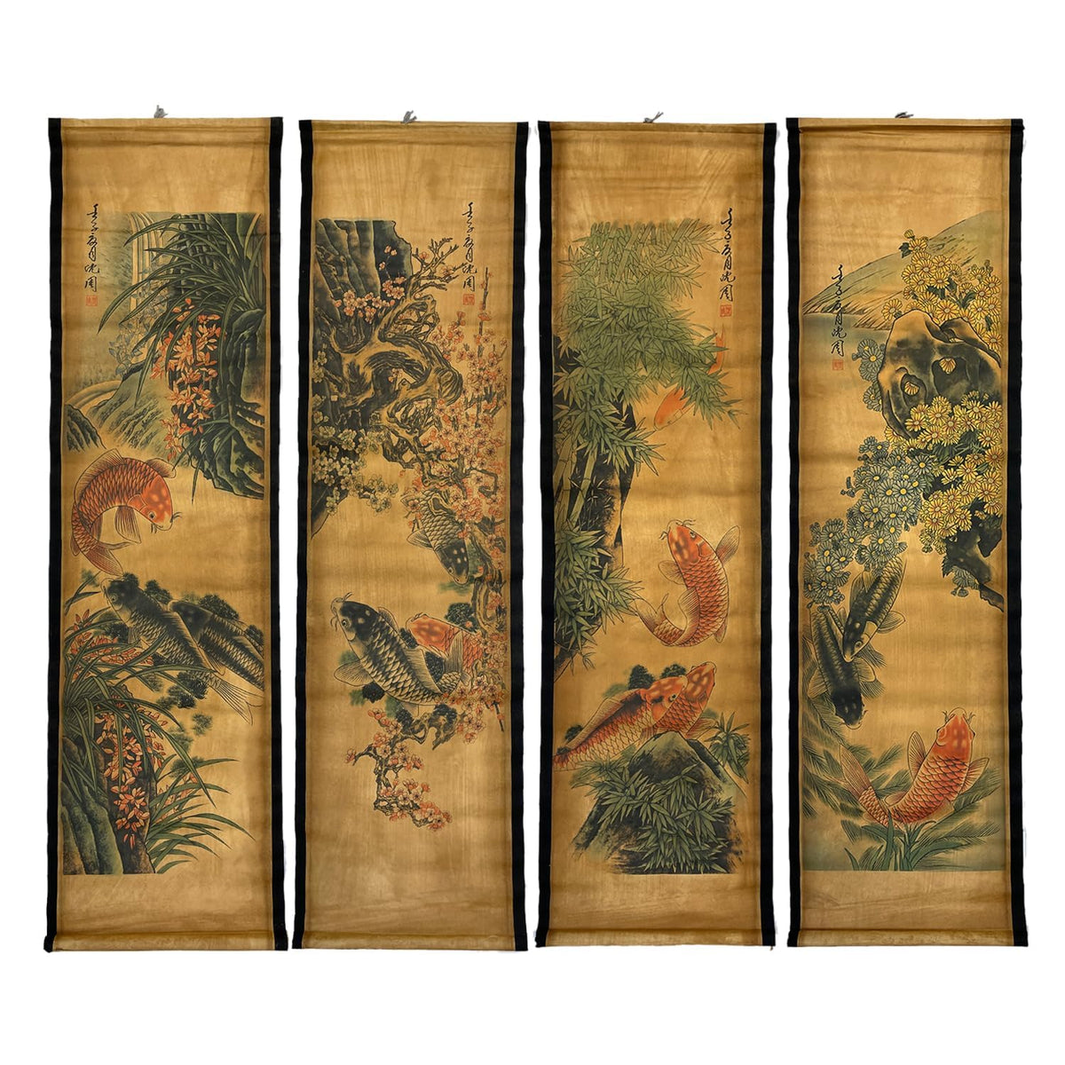 CIFIBIFUN Wall Scroll Hanging Painting Decor Japanese Art Koi Fish Fengshui | 4Panels,Ancient Japan Paintings Replica ,Asia Traditional Art, Attract Wealth, Four Season Flower