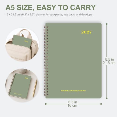 2027 Planner, Weekly and Monthly Calendar Planner Book, 12 Month Agenda, A5 | January 2027 - December 2027, Hardcover, Spiral Bound, Inner Pocket, Home School and Office Supplies, Yearly Planning