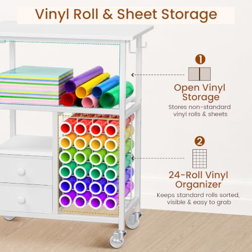 Snughome Rolling Craft Cart for Cricut Machine, Organizer and Storage Stand | 23.6" x 15" Worktop, Large Craft Organizer Cart with 24 Vinyl Roll Holders, 2 Fabric Drawers, 4 Hooks and 4 Silent Casters