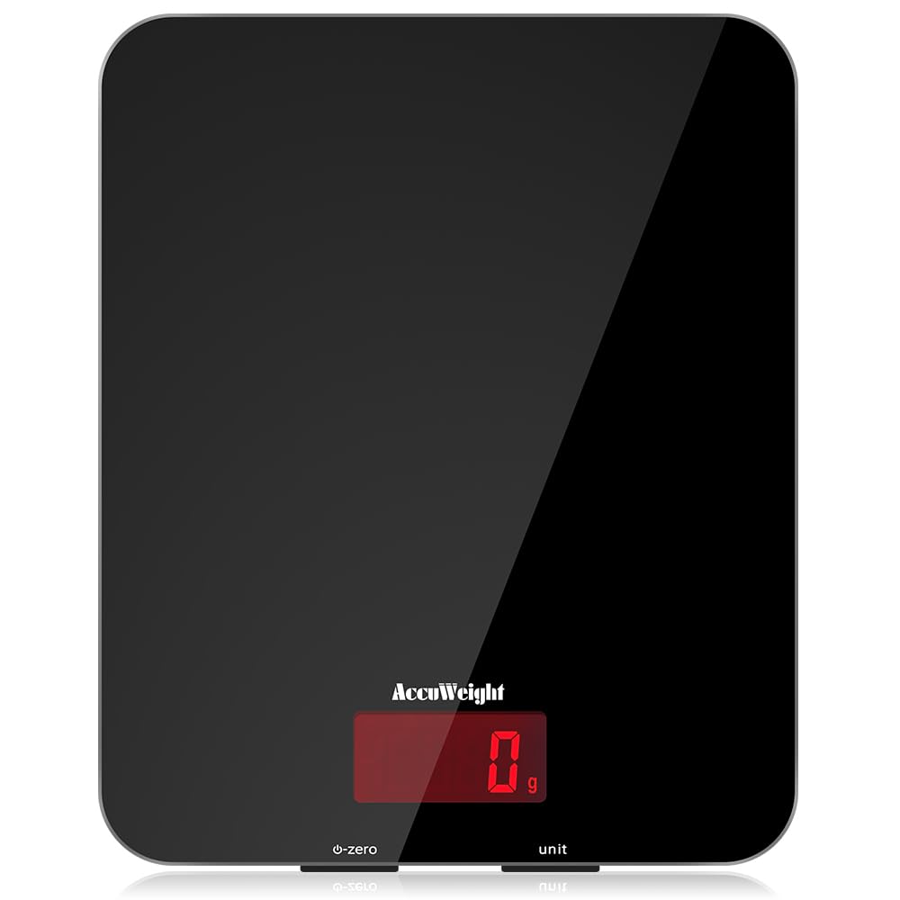 ACCUWEIGHT 201 Digital Kitchen Scales with Tempered Glass Platform (Batteries included), Electronic Weighing Food Scale with Backlit LCD, Multifunction for Office School Home Baking Cooking, 5kg/11lb
