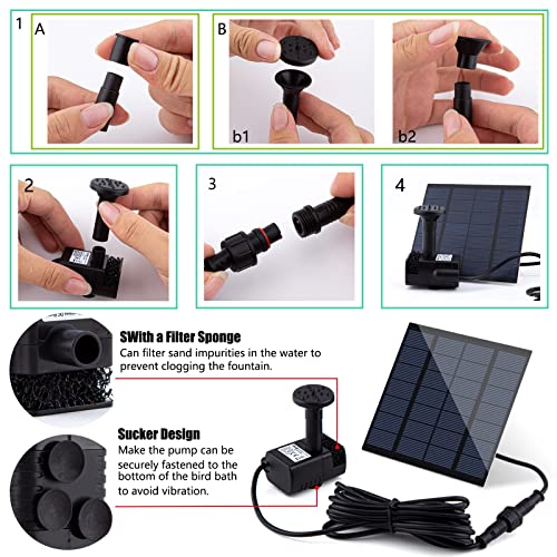 Solar Fountain Pump Kit with Separate Solar Panel, 1.8 W Upgraded Solar Water Pump with 9.84FT Cable & 4 Nozzles Solar Water Fountain for Bird Bath,Pond, Patio Garden Water Pump with Built-in Filter
