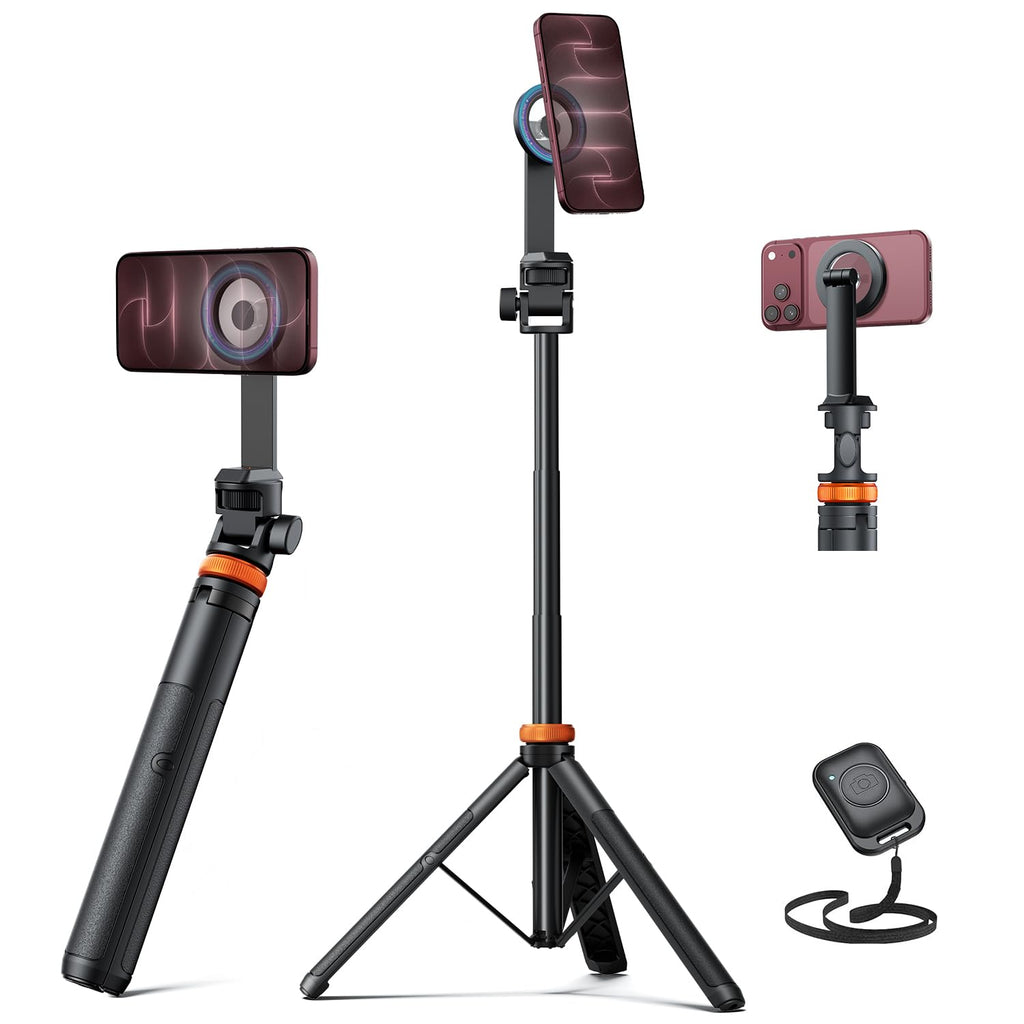 EUCOS 62" Magnetic Phone Tripod for iPhone, Selfie Stick Tripod with Remote | N52 Strong Magnetic Phone Stand, Extendable Cell Phone Stand for Video Recording, Travel