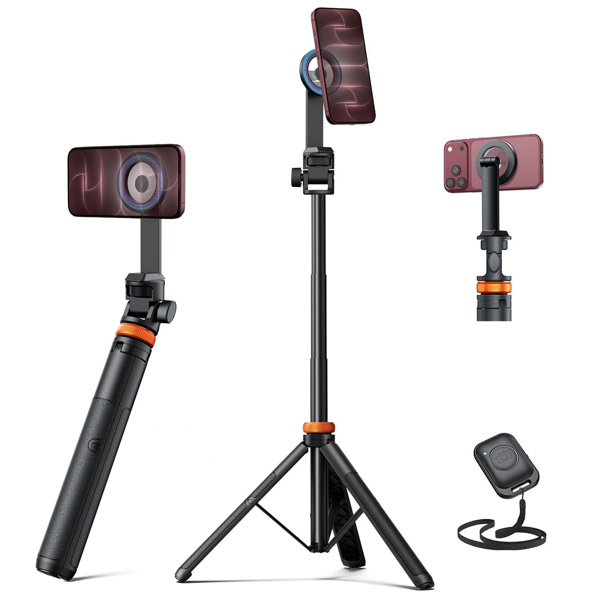 EUCOS 62" Magnetic Phone Tripod for iPhone, Selfie Stick Tripod with Remote | N52 Strong Magnetic Phone Stand, Extendable Cell Phone Stand for Video Recording, Travel