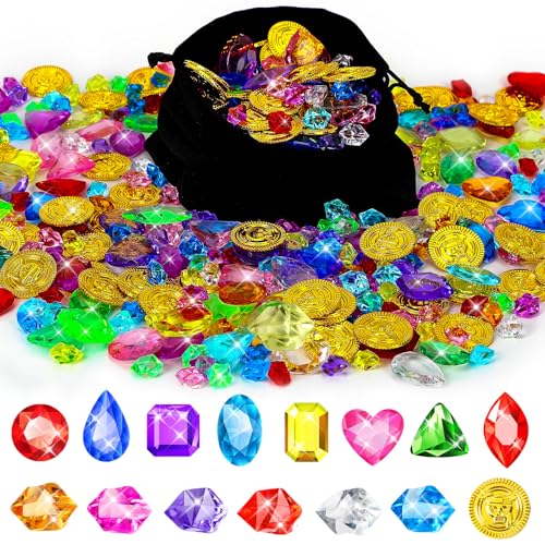MARFOREVER 480 Pieces Pirate Treasure Pool Toy Gems Plastic Gold Coins | Acrylic Bling Gemstones, Colorful Fake Diamonds, Pirate Adventure Party Decorations, Kids Summer Sand Toy, Pirate Favors Gift