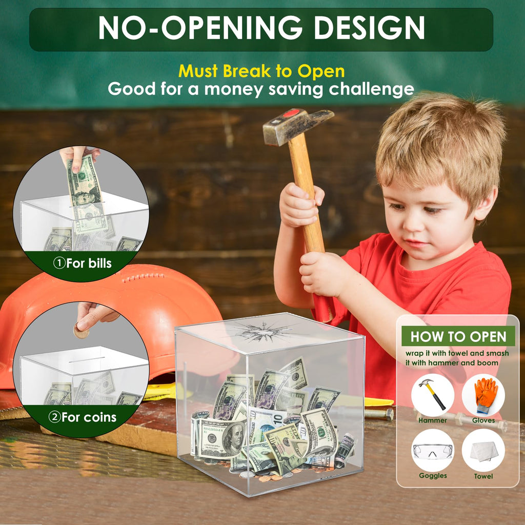 Piggy Bank for Adults Must Break to Open Acrylic Clear Piggy Bank Coin Bank | Vcertcpl Money Saving Box for Cash Saving, Unopenable Adults Bank for Real Money Bank Change Jar (Clear, 12x12CM)