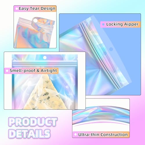 JETMORE Holographic Bags 50 PCS Mylar Bags 6x9" Resealable Embroidery Bags | Smell proof bag for goodie party favor jewelry freshie supplies candy cross stitch floss beads packaging sealable bags