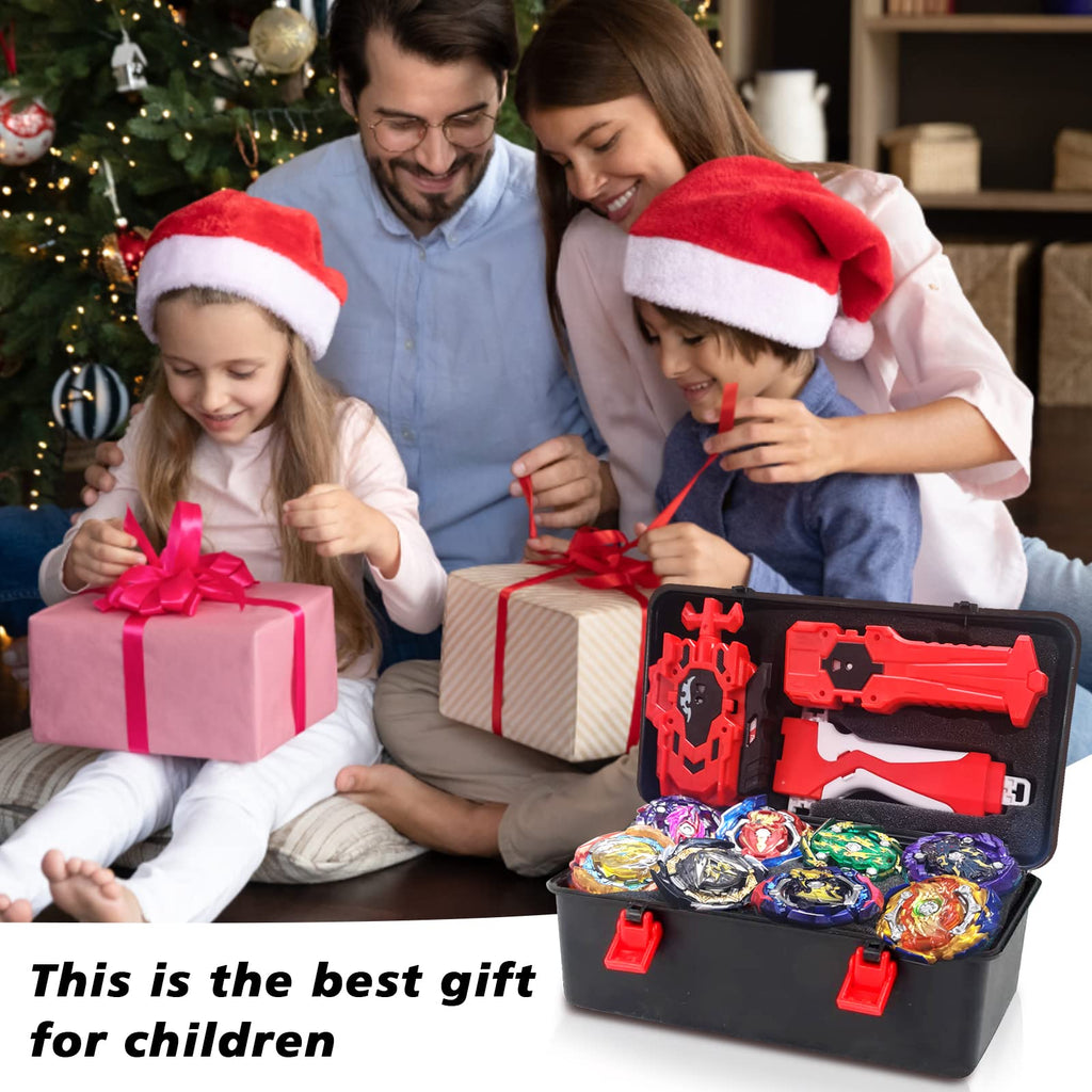 Elfnico Spinning Top Set with Storage Case 12 Pcs for Battling Game Gift | 4 Launchers, 1 Ergonomic Grip, Durable ABS and Metal Materials, Foam Padded Interior, Develops Strategy and Problem Solving