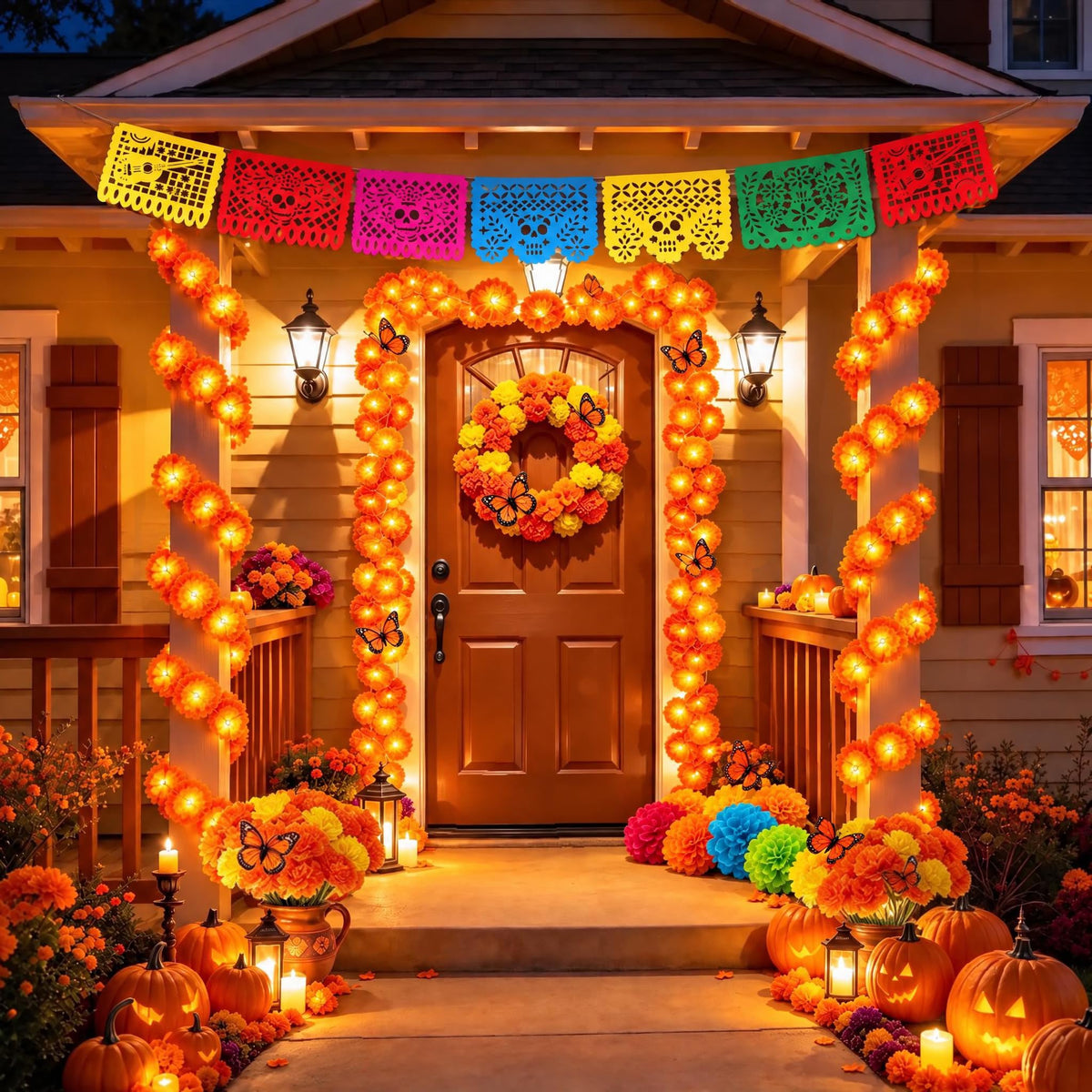 132Pcs Day of The Dead Decor Kit Dia De Los Muertos Decorations Altar Decor | Marigold Garland Light 9 Papel Picado Banners 7 Paper Flowers 50 Marigold Flowers with 50 Stems 15 Butterflies for Diwali