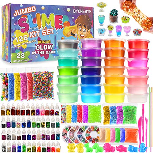126 Pcs DIY Slime Making Kit for Girls Boys, Ultimate Supplies for Kid | Creative Slime Bulk for Birthday Gifts, sensory play,Include 28 Slime, 2 Glow in The Dark Powder, 48 Bottle Glitter jar etc.