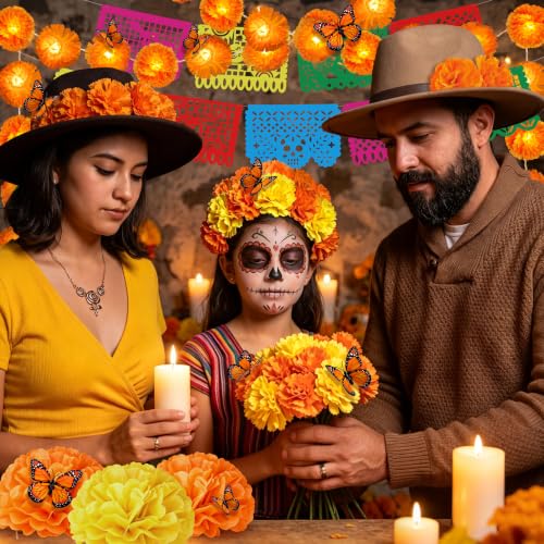 132Pcs Day of The Dead Decor Kit Dia De Los Muertos Decorations Altar Decor | Marigold Garland Light 9 Papel Picado Banners 7 Paper Flowers 50 Marigold Flowers with 50 Stems 15 Butterflies for Diwali