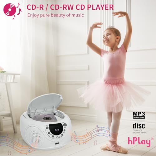 hPlay P16 Portable CD Player Boombox with Bluetooth, White | CD/CD-R/MP3-CD, FM Digital Radio, USB/MP3 Playback, Aux-In & Headphone Jack, AC/Battery Powered