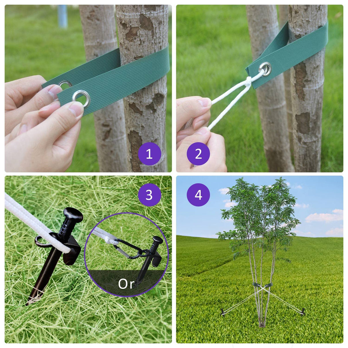 Heavy Duty Steel Tree Stake Kits,Tree Staking and Supports Kits for Young Trees Against Bad Weather, Include 3 PCS Tree Straps for Staking, 3 PCS 11.8 Inch Tree Stakes and 31.2 Feet Rope for Anchoring