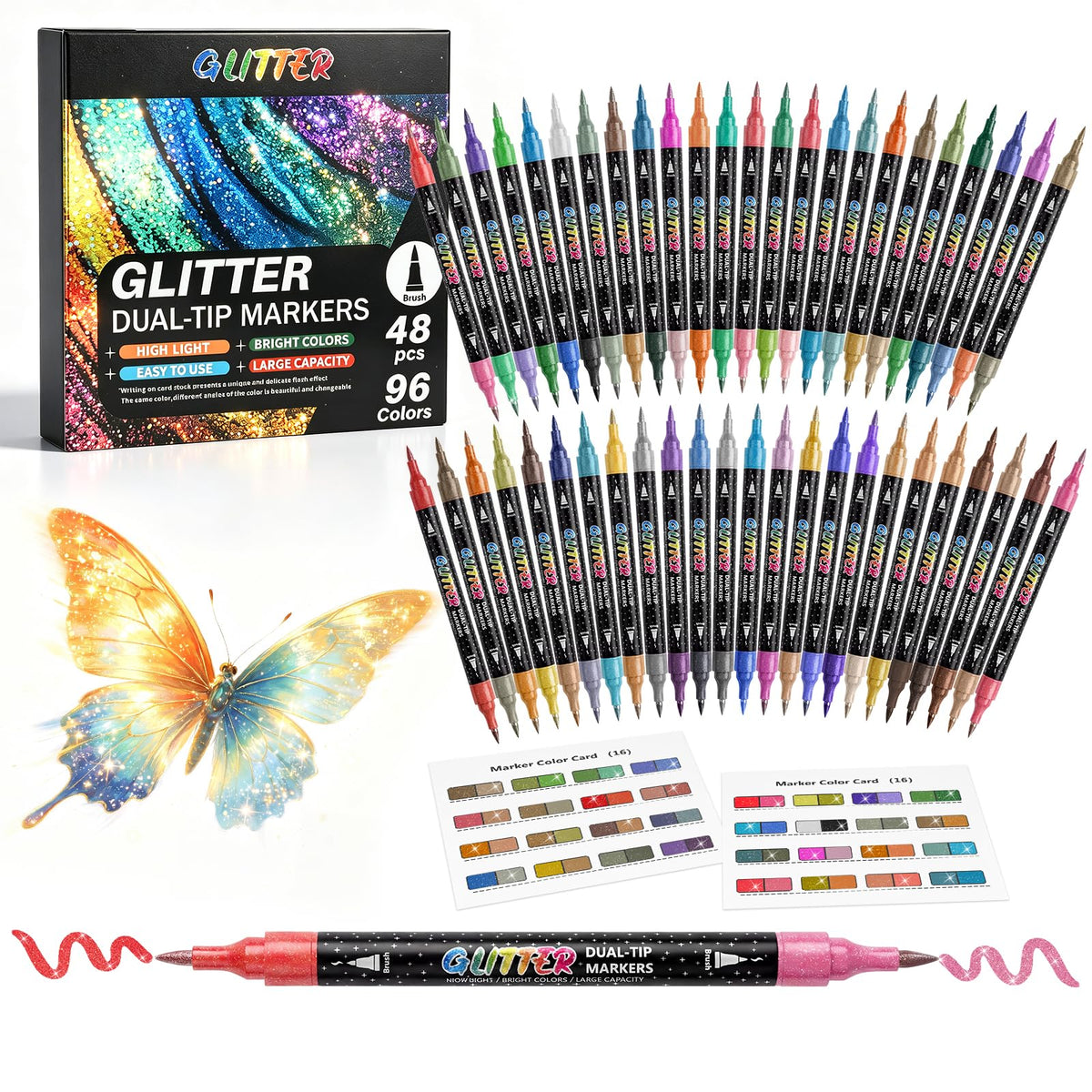 IVSUN 96 Colors 48 Pens Glitter Markers for Adult Coloring & Lettering | Dual Brush Tips, Sparkling Shimmer Effect and Quick-Drying Water-Based Ink for Coloring Books No Bleeding, Journals and Cards