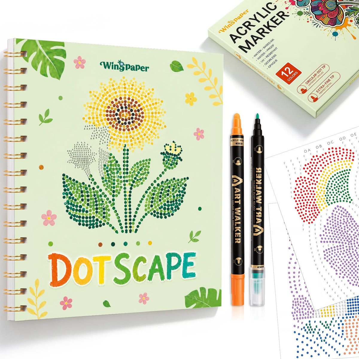 Coloring Book for Adults Dot Marker Set, 1 Pad & 12 Acrylic Paintbrushes | Single-sided tear-out pages with varied dot art themes for portable creative downtime