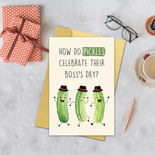 Funny Pickle Pun Boss's Day Card for Boss,Boss's Day Card Gift for Him Her. | Cute Pickle Boss Day Card, Humorous Workplace Joke Card for Boss with Golden Envelope