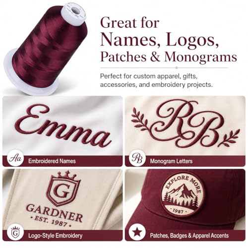 Simthread 5500Yds 40WT Polyester Embroidery Thread Burgundy Cherry S084 | High-yardage 5000M spool offers smooth feeding and stable 40WT polyester thread for home and commercial embroidery machines.