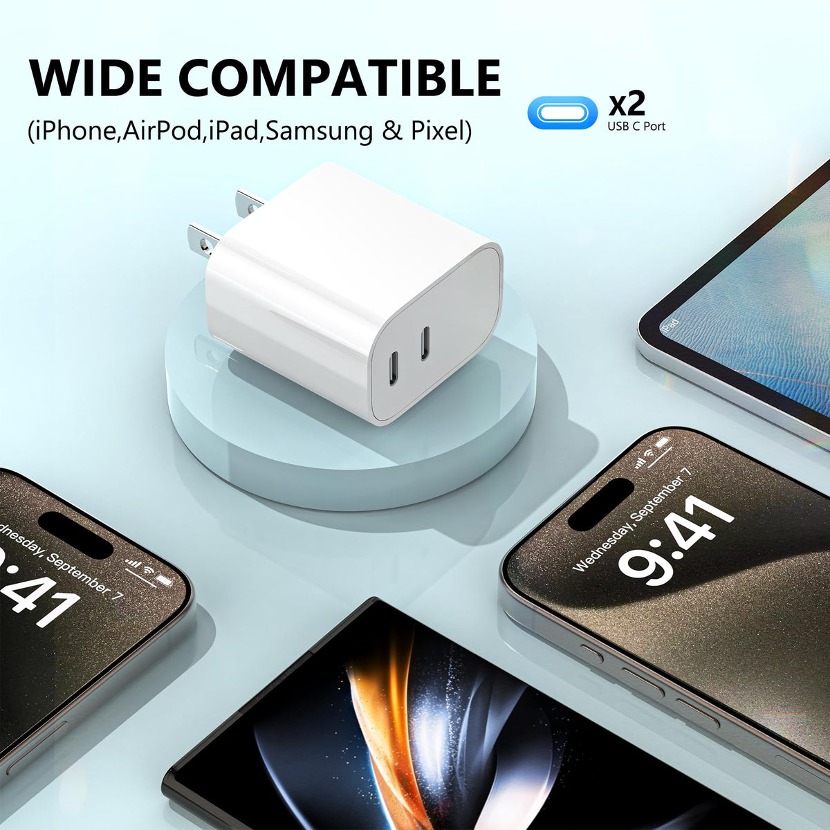 USB C Charger Block 3 Pack, Dual Port 20W Fast Wall Plug | 20W PD fast charging USB C block for iPhone 17 16 15 14 13 12 11, iPad Pro, iPad Air, AirPods and Apple Watch. (White)