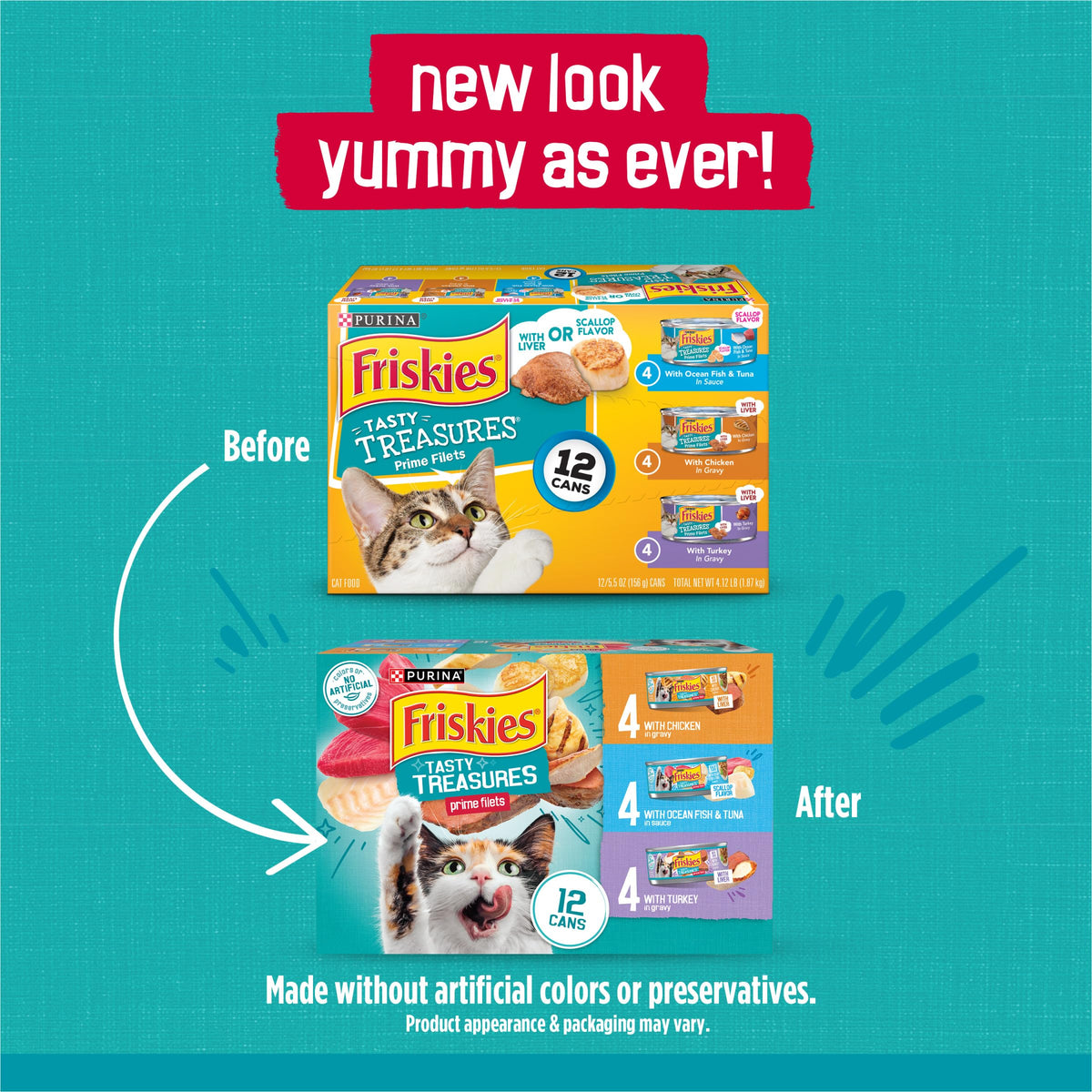 Friskies Purina Tasty Treasures Cat Food, Prime Filets Variety, (12) 5.5 oz | Chicken and tuna, chicken, ocean fish and turkey wet cat food in gravy or sauce, 100% complete & balanced for adult cats