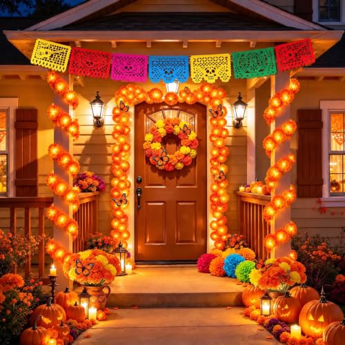 132Pcs Day of The Dead Decor Kit Dia De Los Muertos Decorations Altar Decor | Marigold Garland Light 9 Papel Picado Banners 7 Paper Flowers 50 Marigold Flowers with 50 Stems 15 Butterflies for Diwali