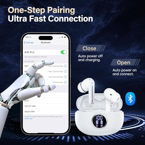 Fhumsh Wireless Earbuds, Bluetooth 5.3 Headphones HiFi Stereo 50H Playback LED Digital Display Ear Buds with ENC Noise Canceling Headset, IPX7 Waterproof Earphones for Gym/Running/Work（White）