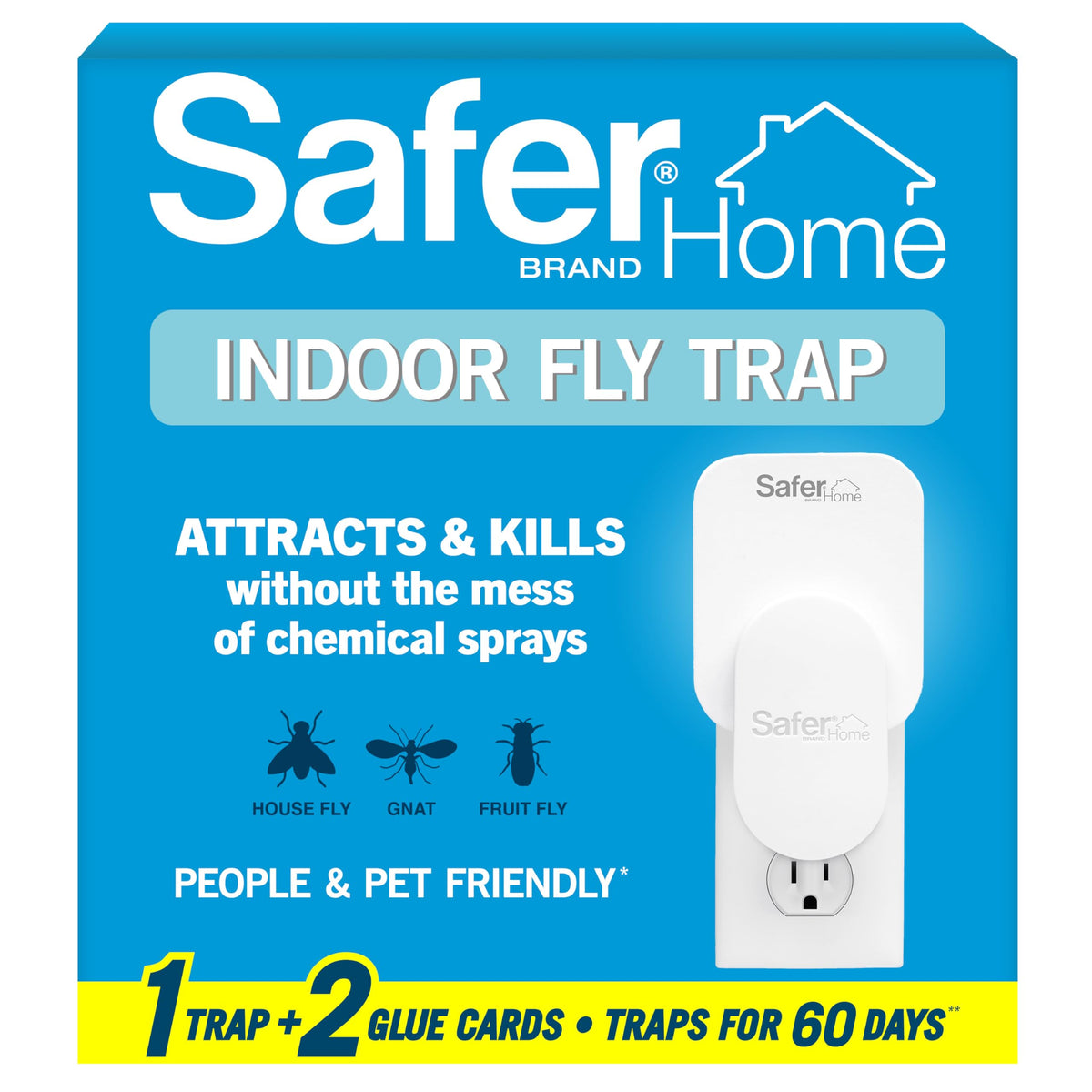 Safer Home Flying Insect Trap, Plug-In Fruit Fly Trap for Indoors, 1-Pack | Flying Insect, Moth, & Gnat Trap, Fruit Fly Killer, Fly Catcher, 24/7 Catch, Chemical-Free, 1 Trap + 2 Glue Cards, SH502