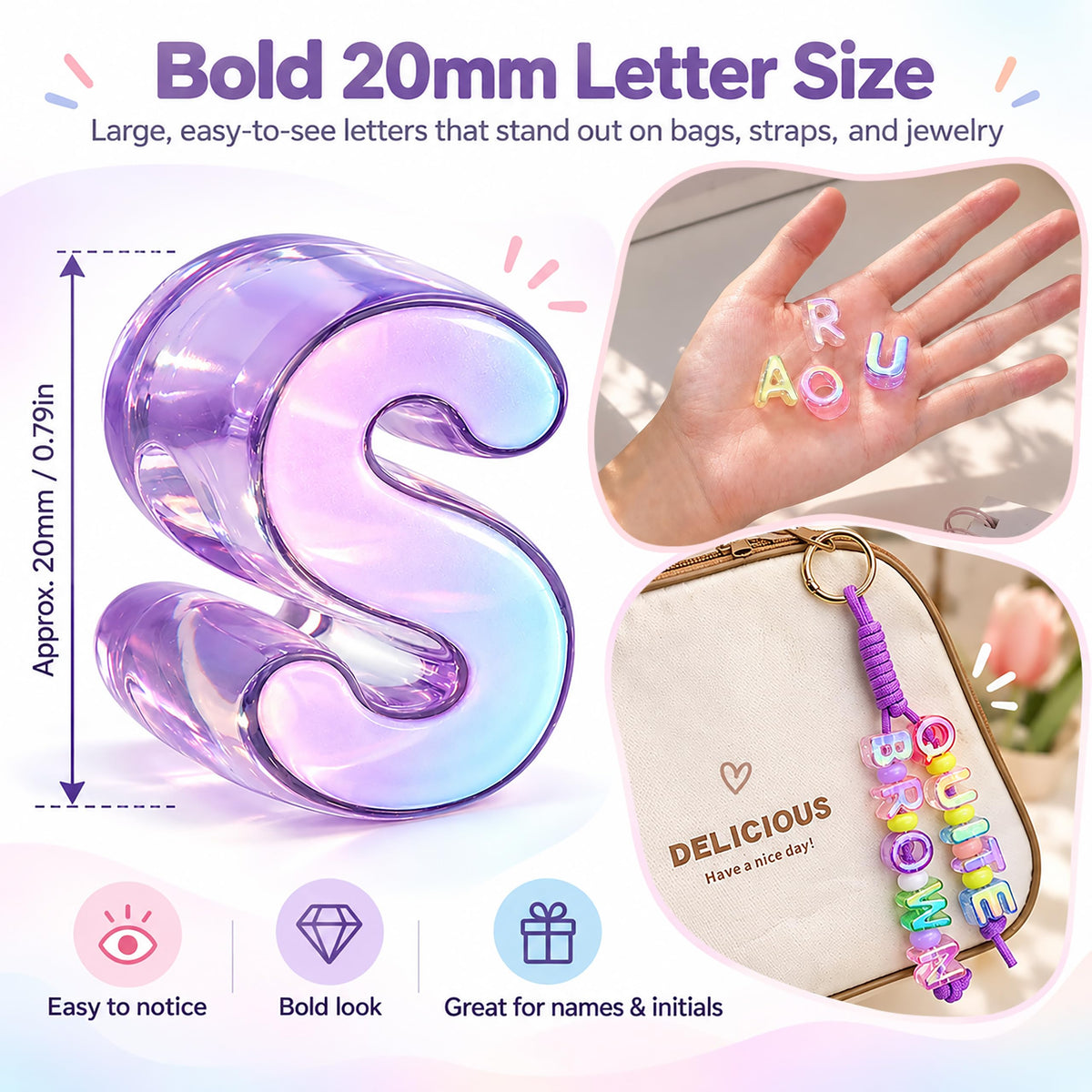 76Pcs Bubble Letter Beads, 20mm Large Hole Beads for Keychains | Each A-Z character appears twice or more, with extra vowels and common characters for names, bag charms and backpacks.