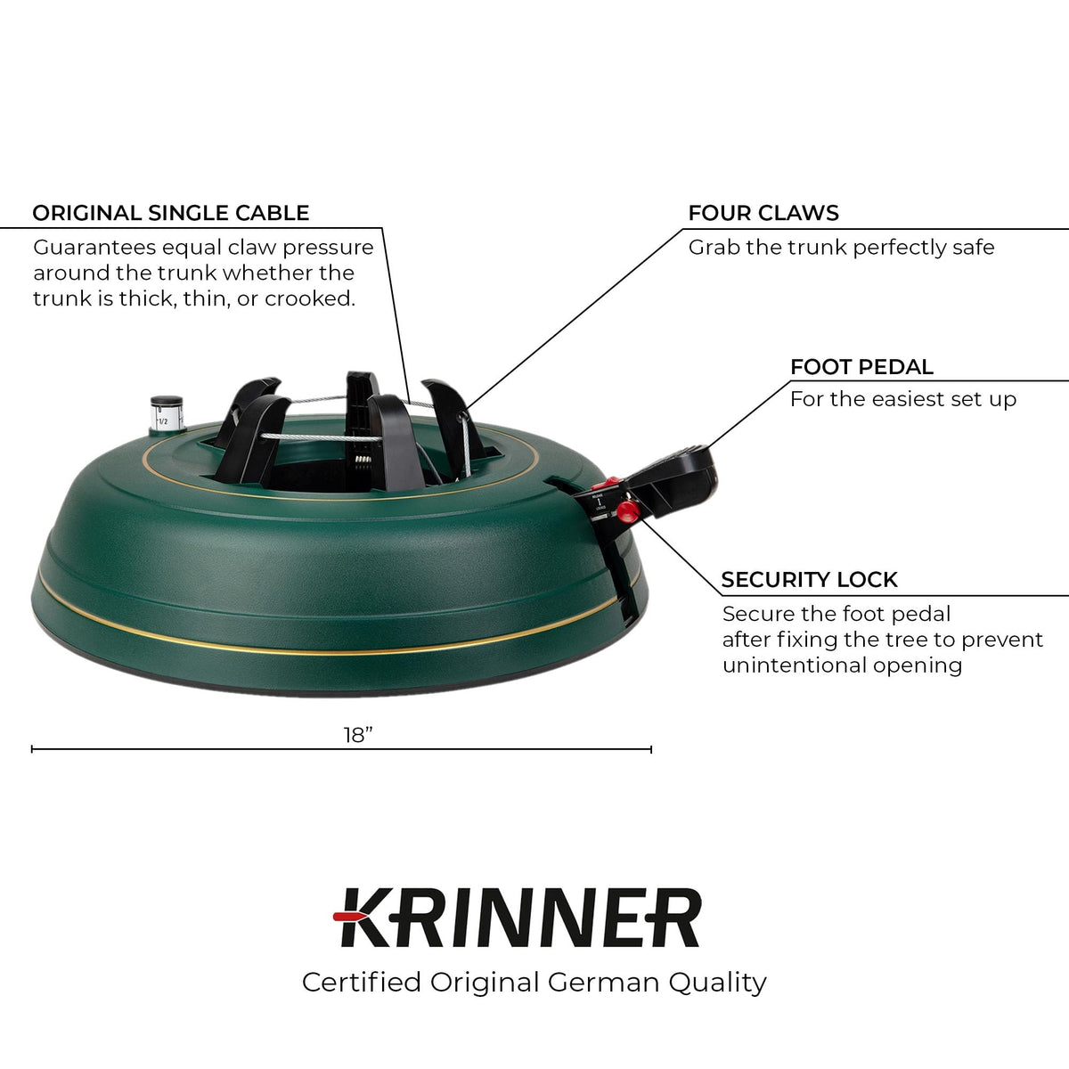 Krinner Tree Genie XL Tree Stand, Green - Fits 10 ft Trees | Original Single-Cable System, Foot Pedal Operation, Water Level Indicator, Ratchet Lock, No Assembly Required