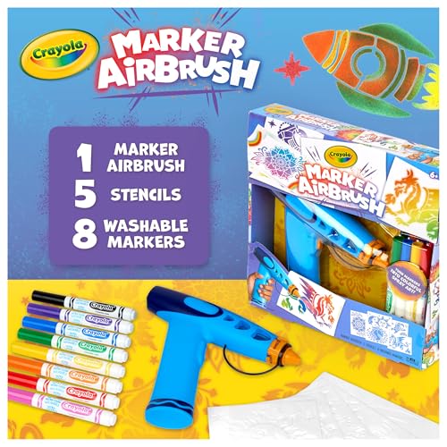 Crayola Marker Airbrush Spray Art Kit, 8 Washable Markers, 5 Stencils | Arts & Crafts Toys for Kids, Birthday, Holiday Gifts for Girls & Boys 6+, Battery-Powered Sprayer Kids Activities