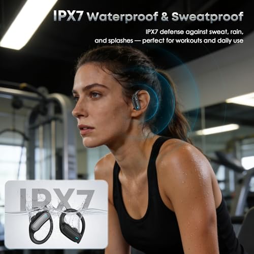 Wireless Earbuds Bluetooth Headphones, 54H Playtime Stereo Over Ear Buds with ENC Noise Cancelling, LED Power Display, IPX7 Waterproof Sport Earphones with Earhooks for Running/Workouts (Black)