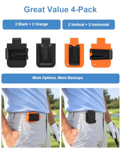 4-Pack Belt Clips Compatible with Arccos Air & Link Pro Golf Trackers | 2 Vertical & 2 Horizontal Portable Clips, Black & Orange