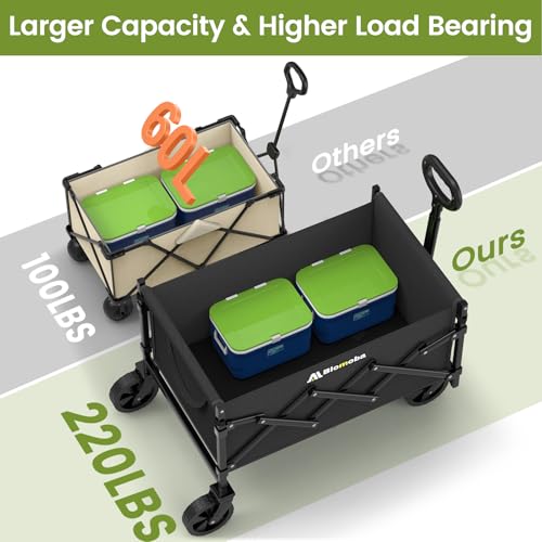 Blomoba Folding Wagon Cart with Wheels, 220lbs Utility Wagon Cart, Black | Collapsible Wagon with 360° All-Terrain Wheels & Adjustable Handle, Foldable Cart for Groceries Camping Sports Gardening