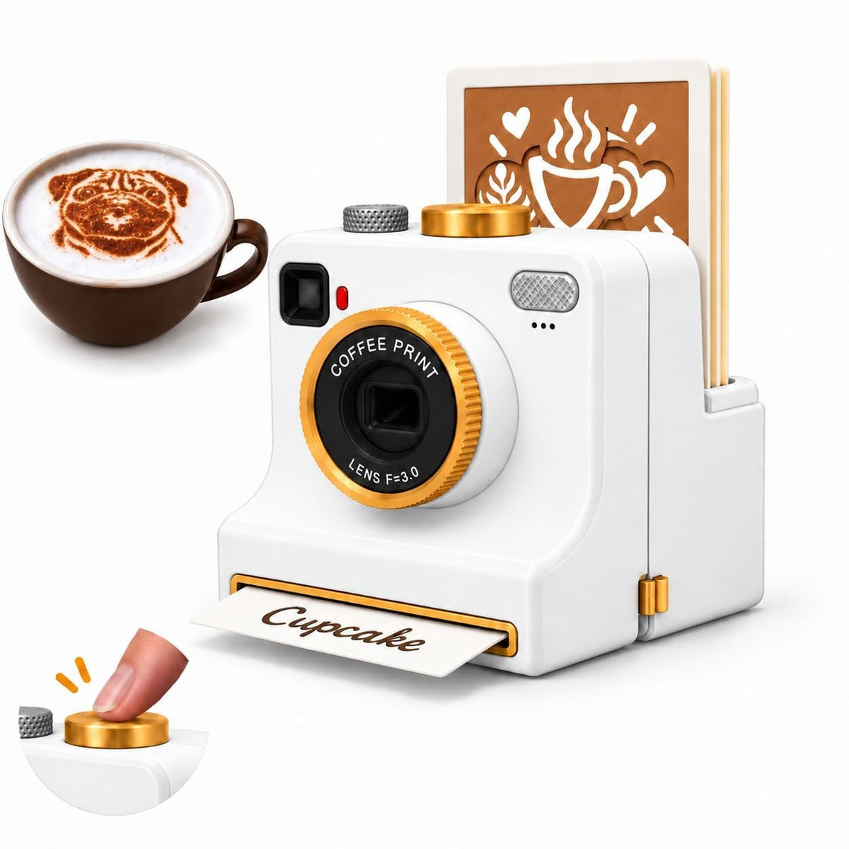 Manual Coffee Art Printer, Retro Camera-Style Latte Stencil Maker with 4/34 Random Pattern Cards, One-Press Powder Reusable Coffee Art Tool for Cappuccino, Foam Drinks，White：34 Random Stencils