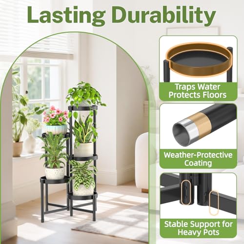 iDavosic.ly Plant Stand Indoor Outdoor, 5 Tier Metal Corner Shelf, Black | Tiered Flower Display Holder, Folding Multi Orchid Rack, Easy to Assemble, Space Saving Patio Balcony Porch Garden House