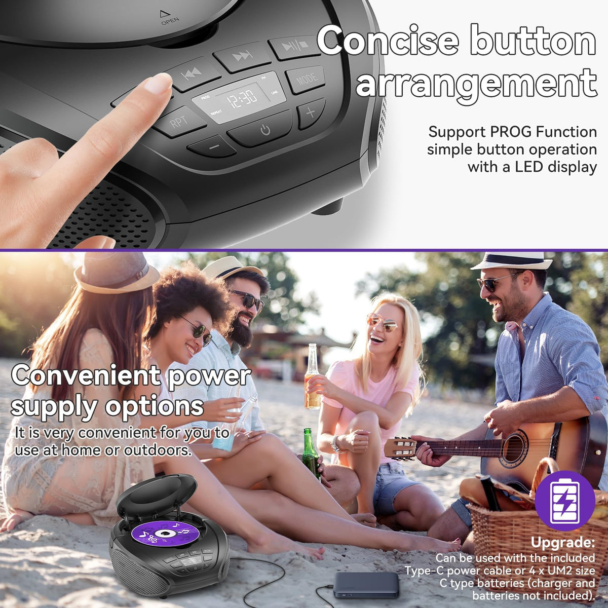 Gueray CD Player Portable Boombox Radio CD Players with Dual Speakers | Bulit-in FM Radio AUX Input Support Headphones Playlist Mode PROG Playback for Outdoor Indoor Audiobooks