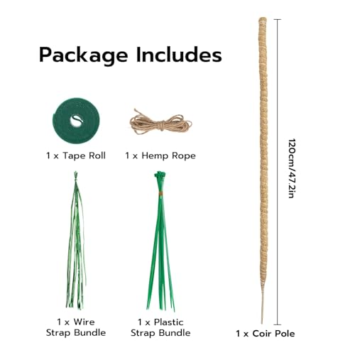 Mcbazel Bendable Moss Pole for Plants 47 Inch, Monstera Plant Support Stake with 7mm Aluminum Core, Coconut Coir Climbing Pole for Monstera Pothos Philodendron, Complete Kit with Ties & Rope