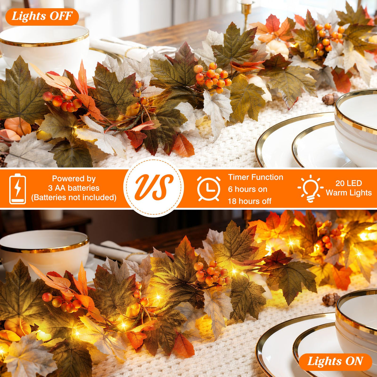 Luxspire 6 FT Fall Garland with Lights and Timer for Fall Decor | Fall Leaves Garland with Lights, Berries Maple Leaves Pinecones, Fall Decorations for Home Mantle Porch Window Stair Railing