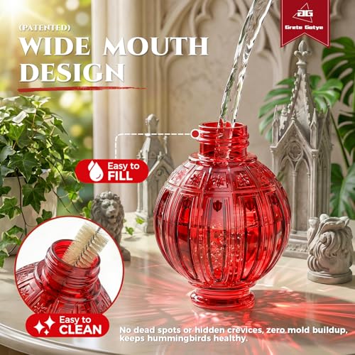 Glass Hummingbird Feeder for Outdoors Hanging, 26 fl oz Bird Nectar Feeder | 5 Metal Flower Feeding Ports, 360° Perch Ring, Easy Refill & Clean, Leakproof, Ideal for Backyard, Garden Outdoor Decor, Red