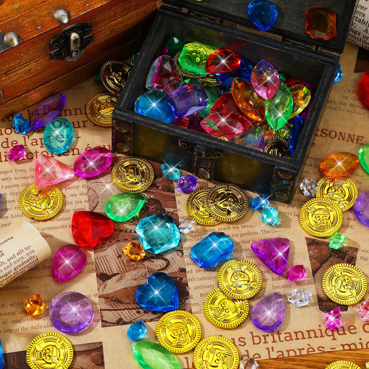 MARFOREVER 480 Pieces Pirate Treasure Pool Toy Gems Plastic Gold Coins | Acrylic Bling Gemstones, Colorful Fake Diamonds, Pirate Adventure Party Decorations, Kids Summer Sand Toy, Pirate Favors Gift