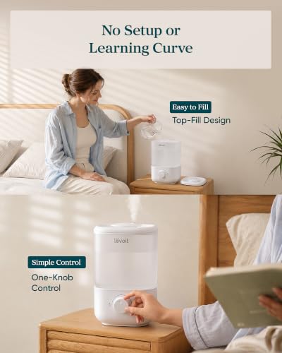 Levoit Top Fill Humidifiers for Bedroom, 2.5L Tank for Large Room, 25dB | Easy to Fill & Clean, Quiet Cool Mist Air Humidifier for Home Baby Nursery & Plants, Auto Shut-off for Safety, 25H Lasting