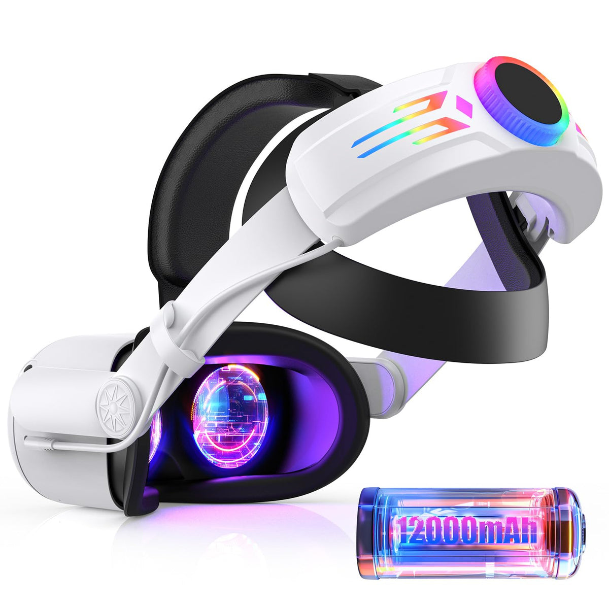 RGB Head Strap with 12000mAh Battery for Oculus Quest 2, Battery Pack for Extended 8 Hrs of Playtime, Fast Charging VR Power, Adjustable Elite Strap Enhanced Support and Balance for Meta Quest 2